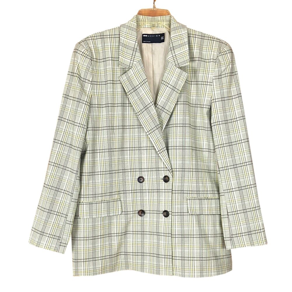 ASOS Design Women's Dad Suit Blazer Jacket Size 10 Green Plaid Double Breasted